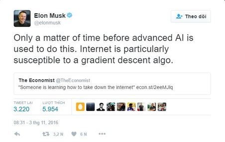 Elon Musk: Trí tuệ nhân tạo có thể phá hủy Internet